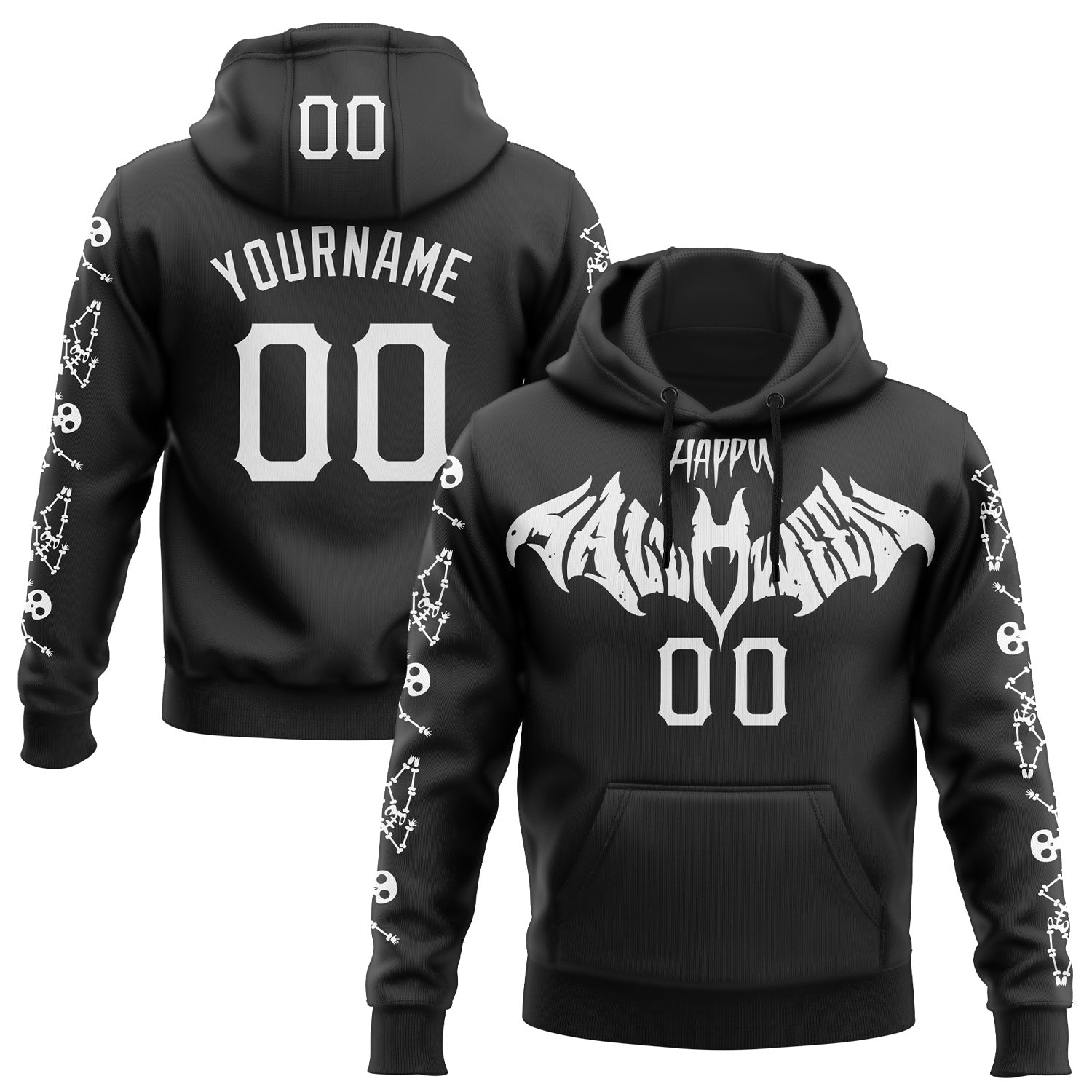 Custom Black White 3D Halloween Skeleton Bat Party Costume Ideas Sports Pullover Sweatshirt Hoodie