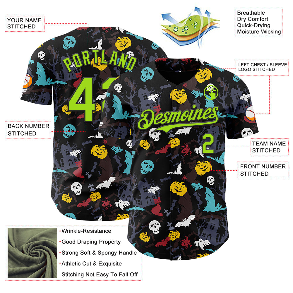 Custom Black Neon Green 3D Halloween Skull Pumpkin Doodle Party Costume Ideas Authentic Baseball Jersey