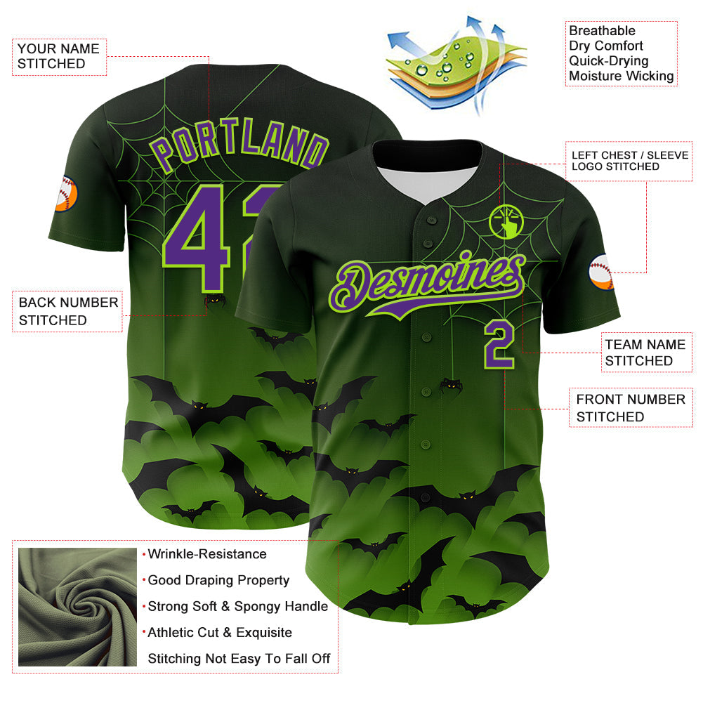 Custom Green Purple Black-Neon Green 3D Halloween Spider Net Bats Party Costume Ideas Authentic Baseball Jersey
