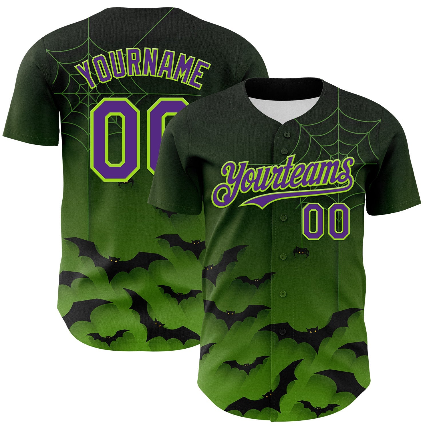 Custom Green Purple Black-Neon Green 3D Halloween Spider Net Bats Party Costume Ideas Authentic Baseball Jersey