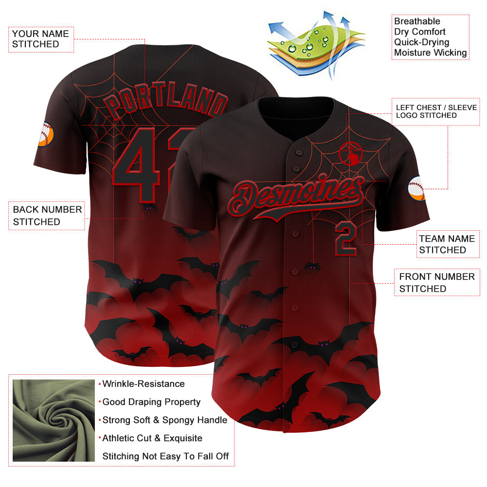 Custom Black Red 3D Halloween Spider Net Bats Party Costume Ideas Authentic Baseball Jersey