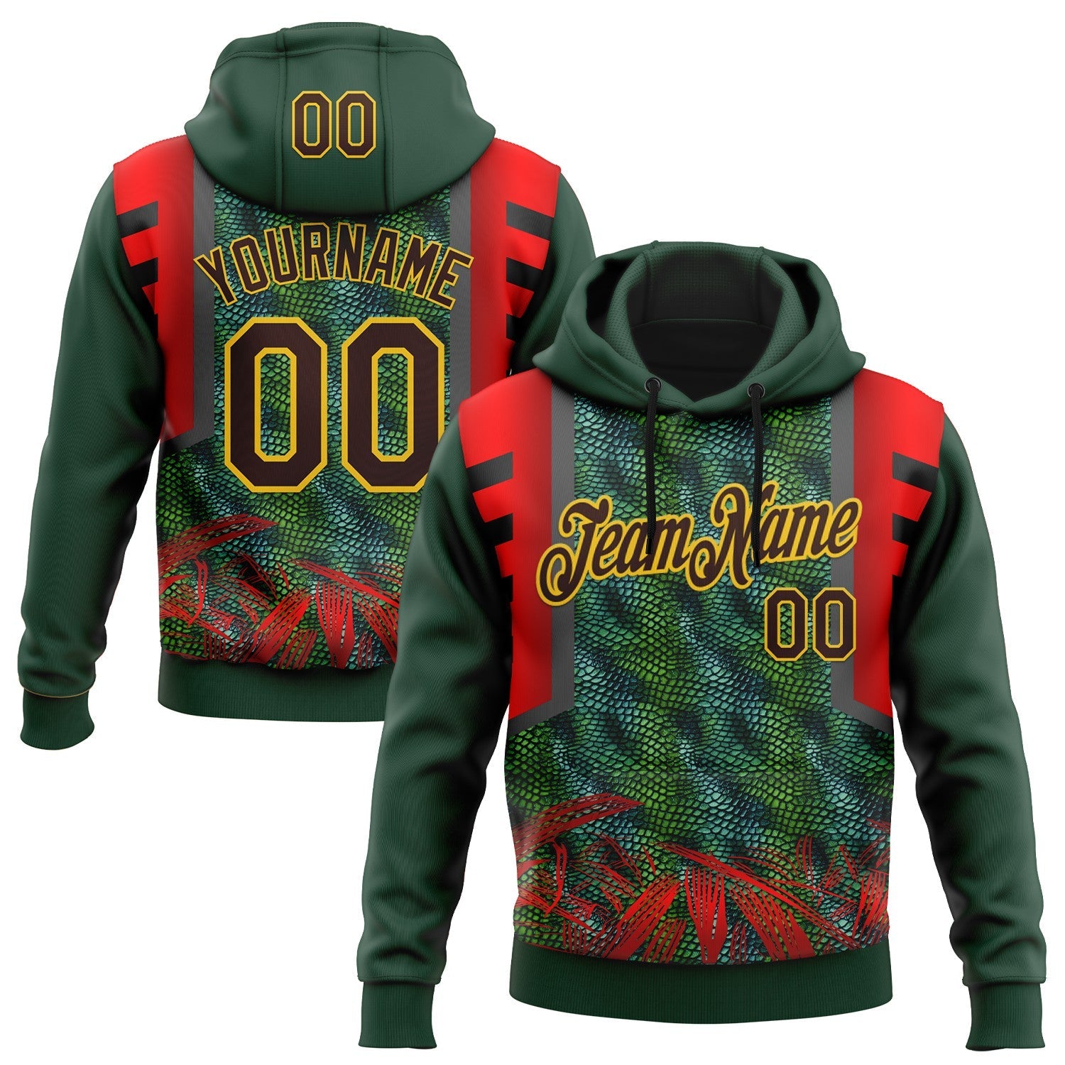 Custom Stitched Green Brown Red-Yellow 3D Pattern Design Snake Skin Print Sportswear Pullover Sweatshirt Hoodie