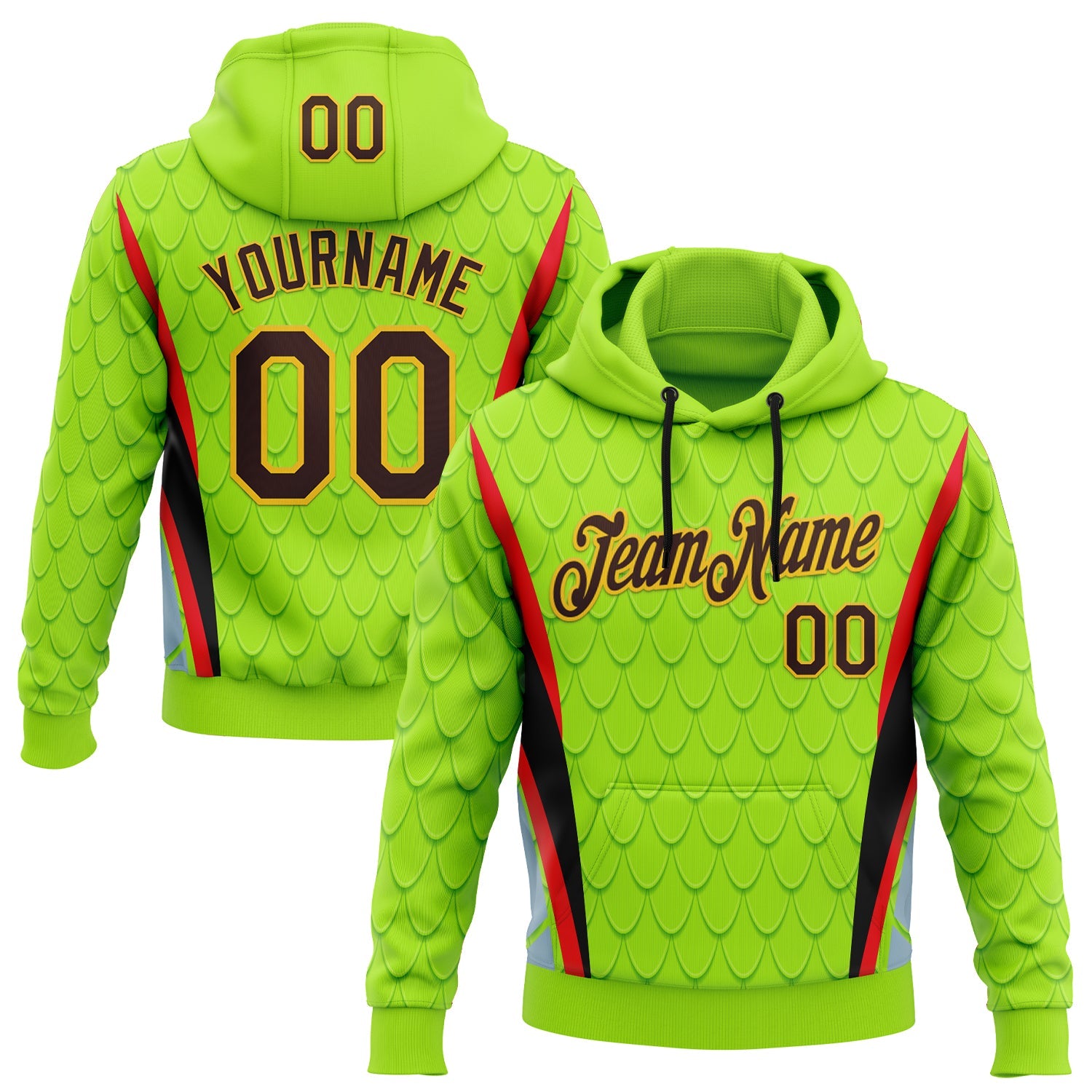 Custom Stitched Neon Green Brown Red Black-Yellow 3D Pattern Design Snake Skin Print Sportswear Pullover Sweatshirt Hoodie