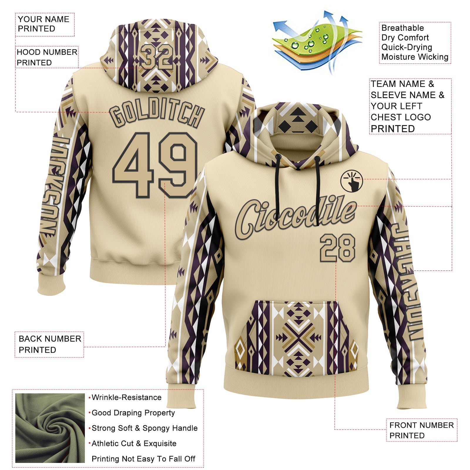 Custom City Cream Vegas Gold-Black 3D Pattern Design Western Cowboy Tribal Ethnic Sports Pullover Sweatshirt Hoodie