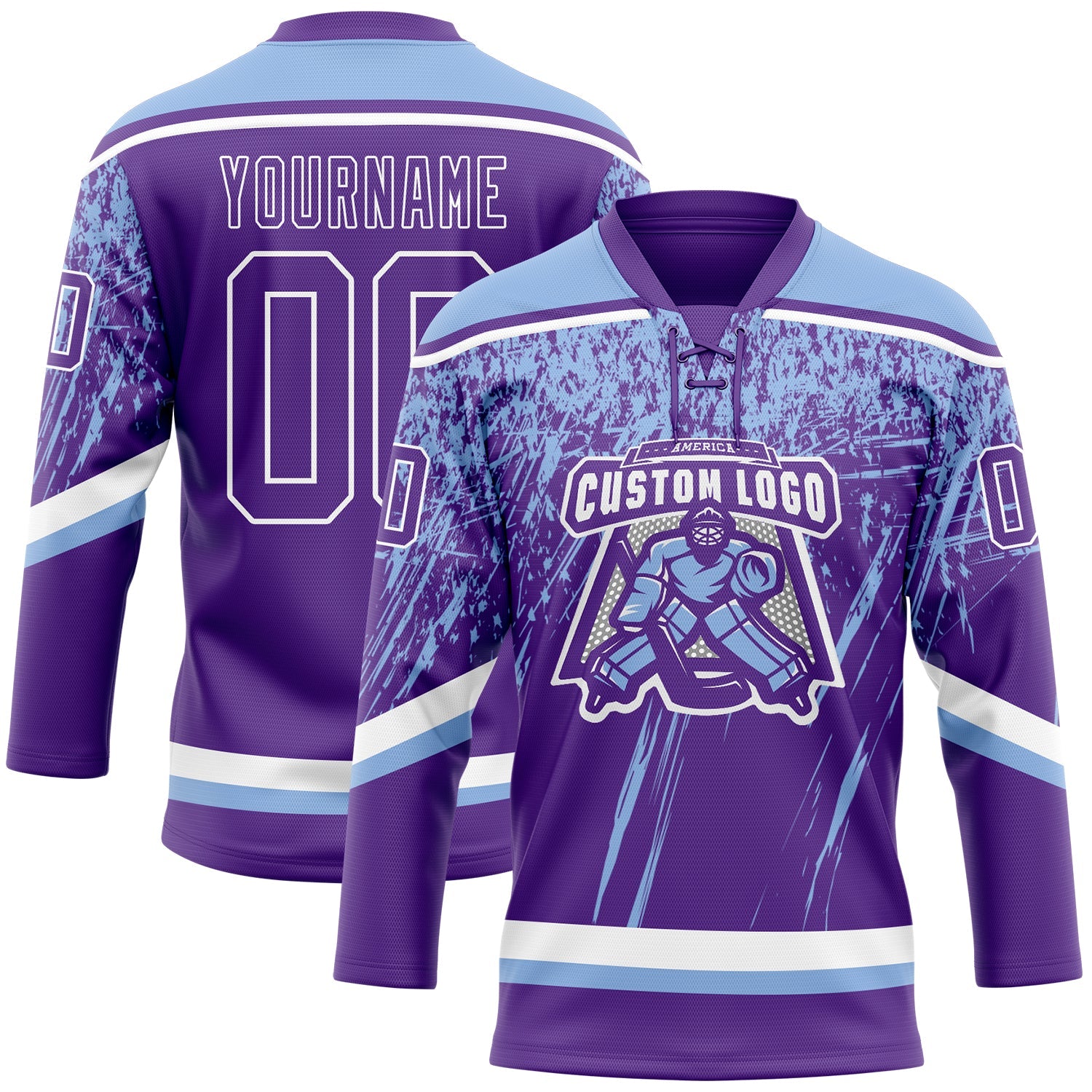 Custom Purple Light Blue-White 3D Splash Hockey Lace Neck Jersey