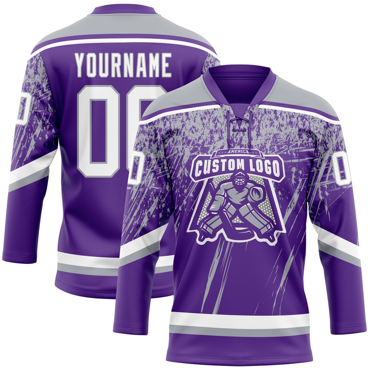 Custom Purple White-Gray 3D Splash Hockey Lace Neck Jersey