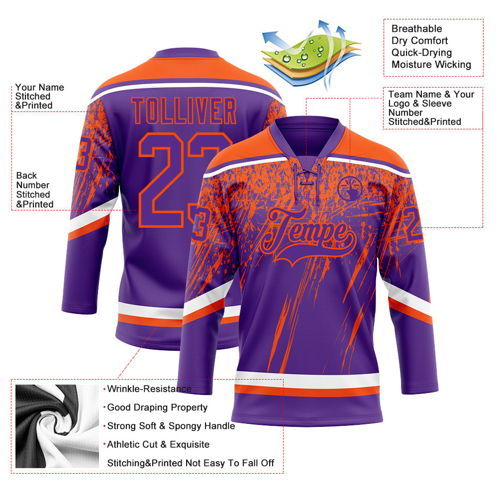 Custom Purple Orange-White 3D Splash Hockey Lace Neck Jersey