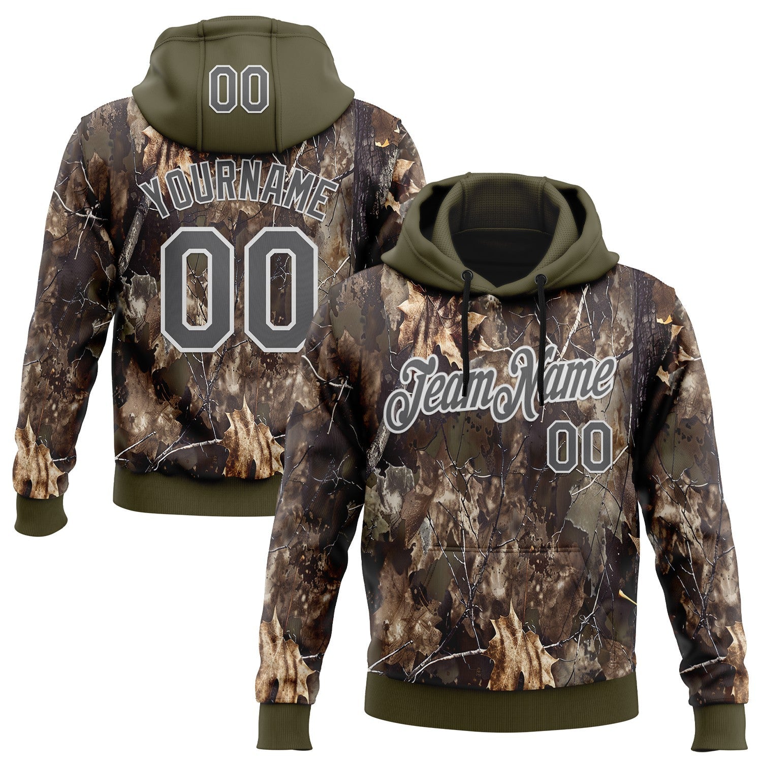Custom Stitched Olive Steel Gray-White 3D Pattern Design Tree Camo Hunting Sports Pullover Sweatshirt Salute To Service Hoodie