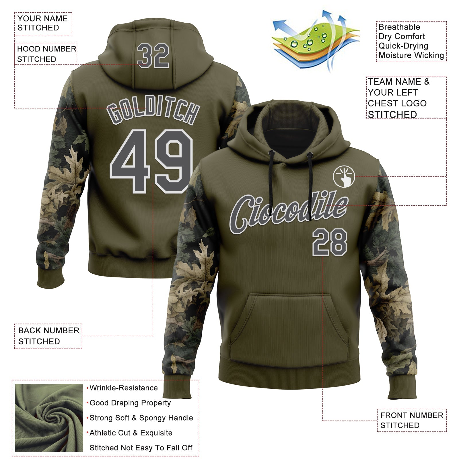Custom Stitched Olive Steel Gray-White 3D Pattern Design Tree Camo Hunting Sports Pullover Sweatshirt Salute To Service Hoodie