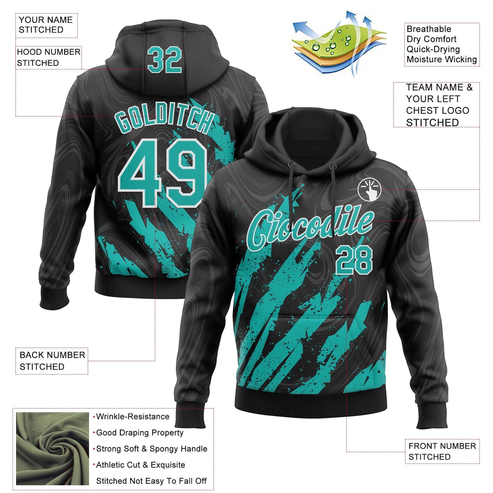 Custom Stitched Black Aqua-White 3D Pattern Design Splash Sports Pullover Sweatshirt Hoodie