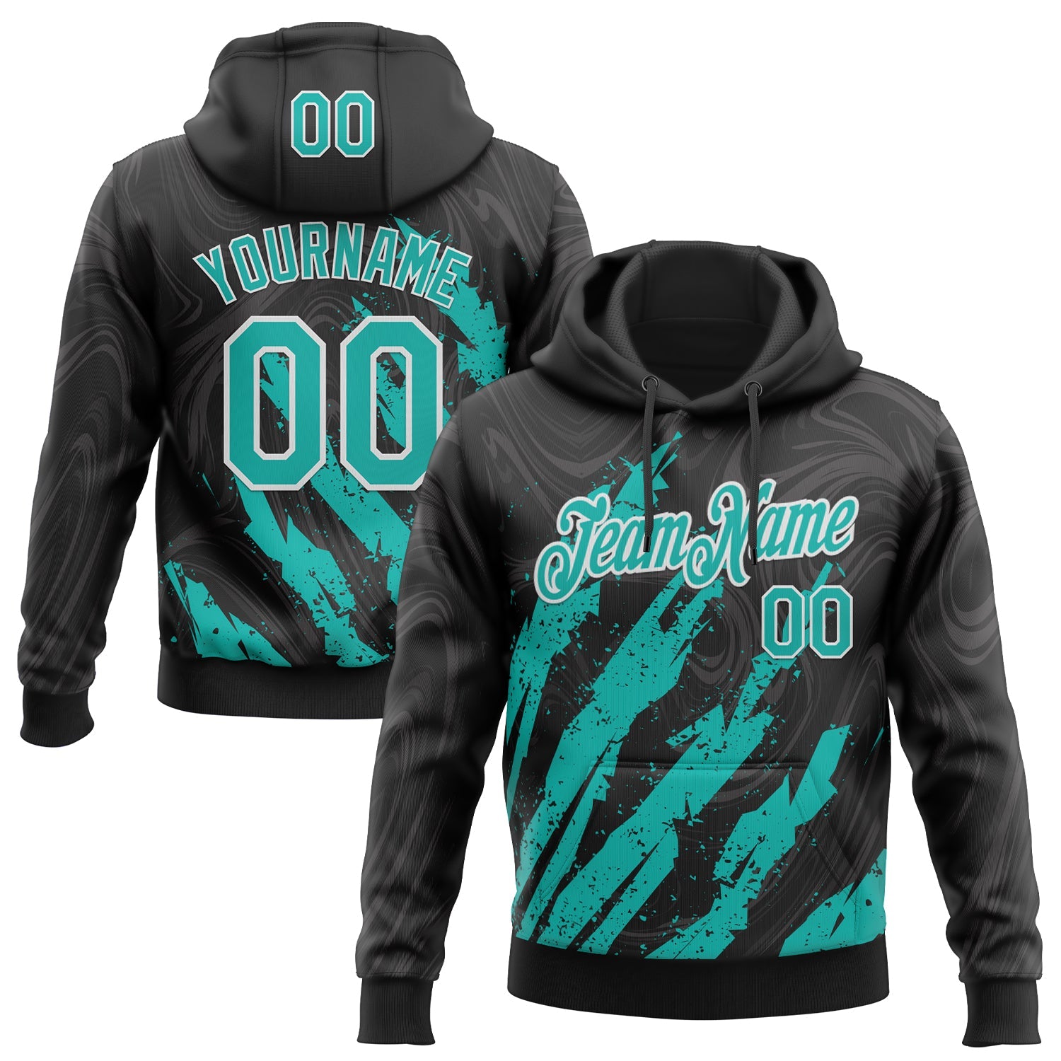 Custom Stitched Black Aqua-White 3D Pattern Design Splash Sports Pullover Sweatshirt Hoodie