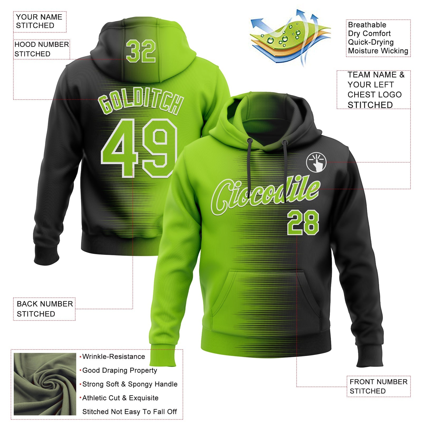 Custom Stitched Black Neon Green-White 3D Pattern Design Gradient Line Sports Pullover Sweatshirt Hoodie
