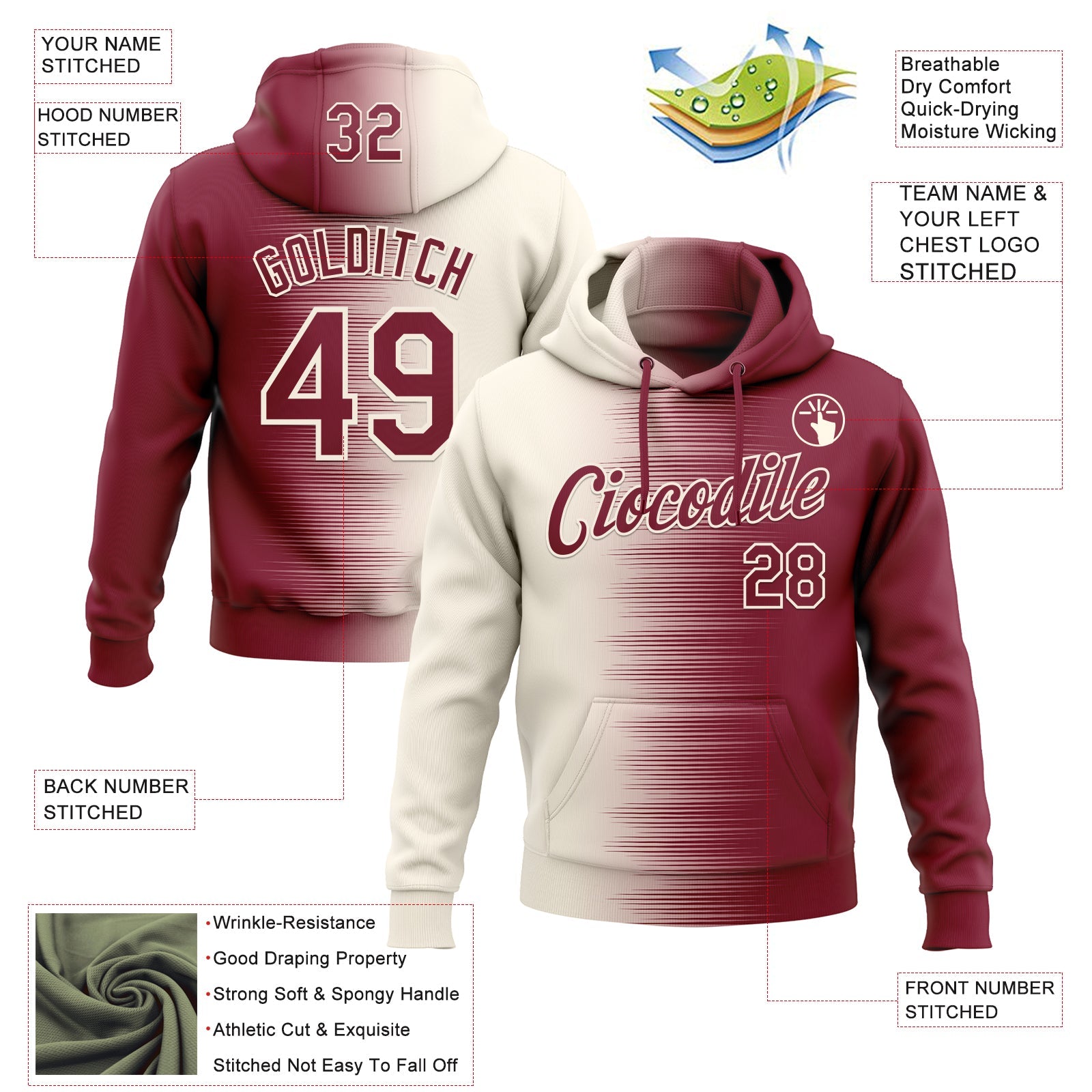 Custom Stitched Crimson Cream 3D Pattern Design Gradient Line Sports Pullover Sweatshirt Hoodie