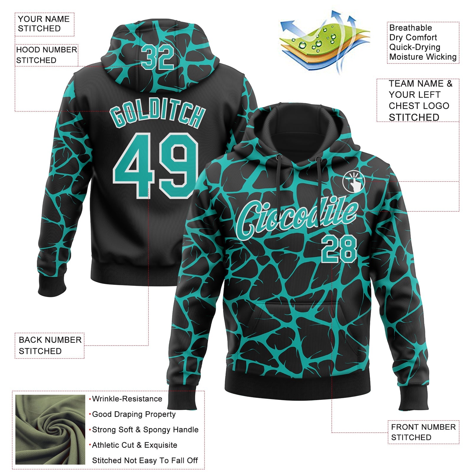 Custom Stitched Black Aqua-White 3D Pattern Design Abstract Network Sports Pullover Sweatshirt Hoodie