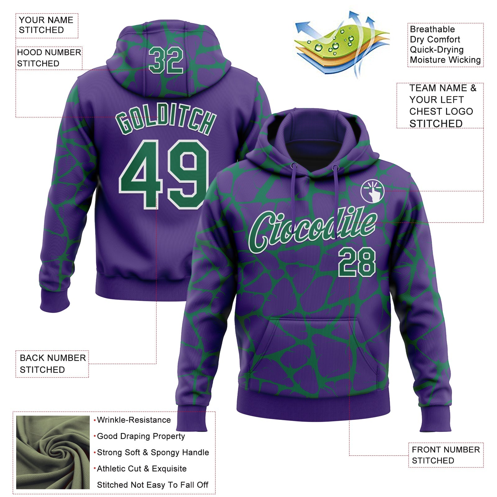 Custom Stitched Purple Kelly Green-White 3D Pattern Design Abstract Network Sports Pullover Sweatshirt Hoodie