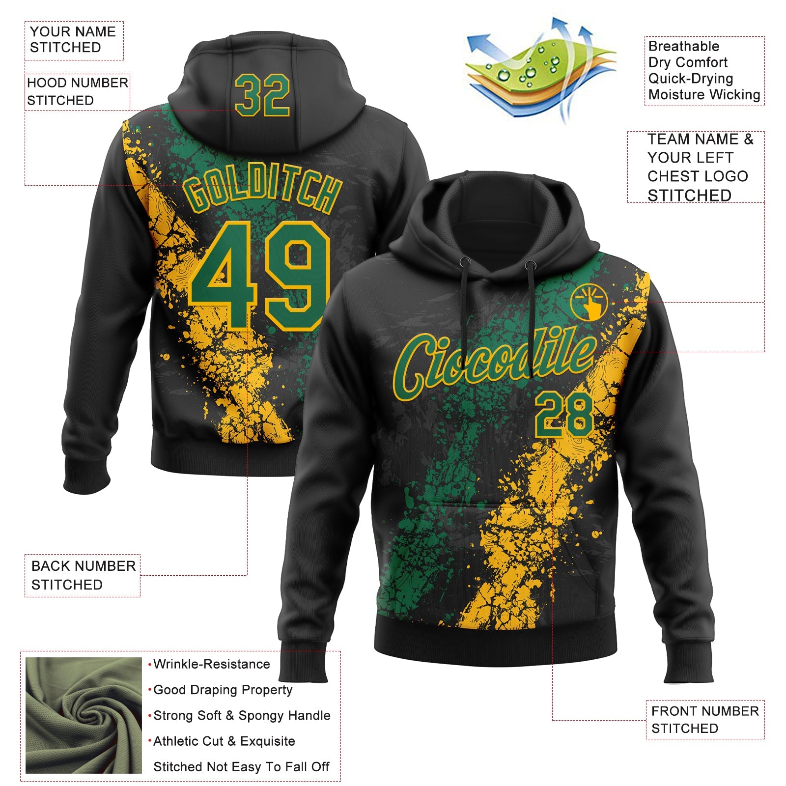 Custom Stitched Black Kelly Green-Gold 3D Pattern Design Splash Sports Pullover Sweatshirt Hoodie