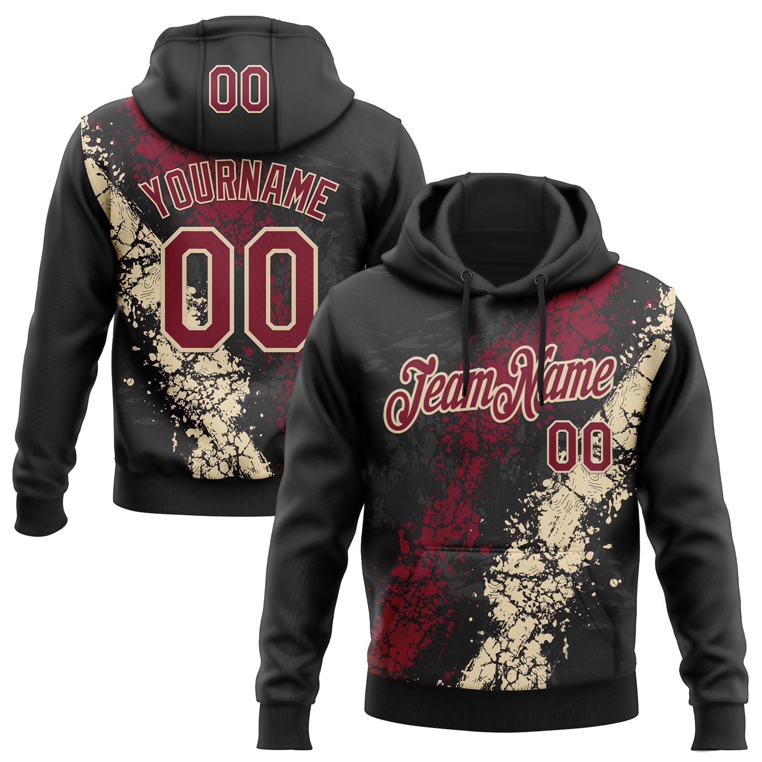 Custom Stitched Black Crimson-Cream 3D Pattern Design Splash Sports Pullover Sweatshirt Hoodie
