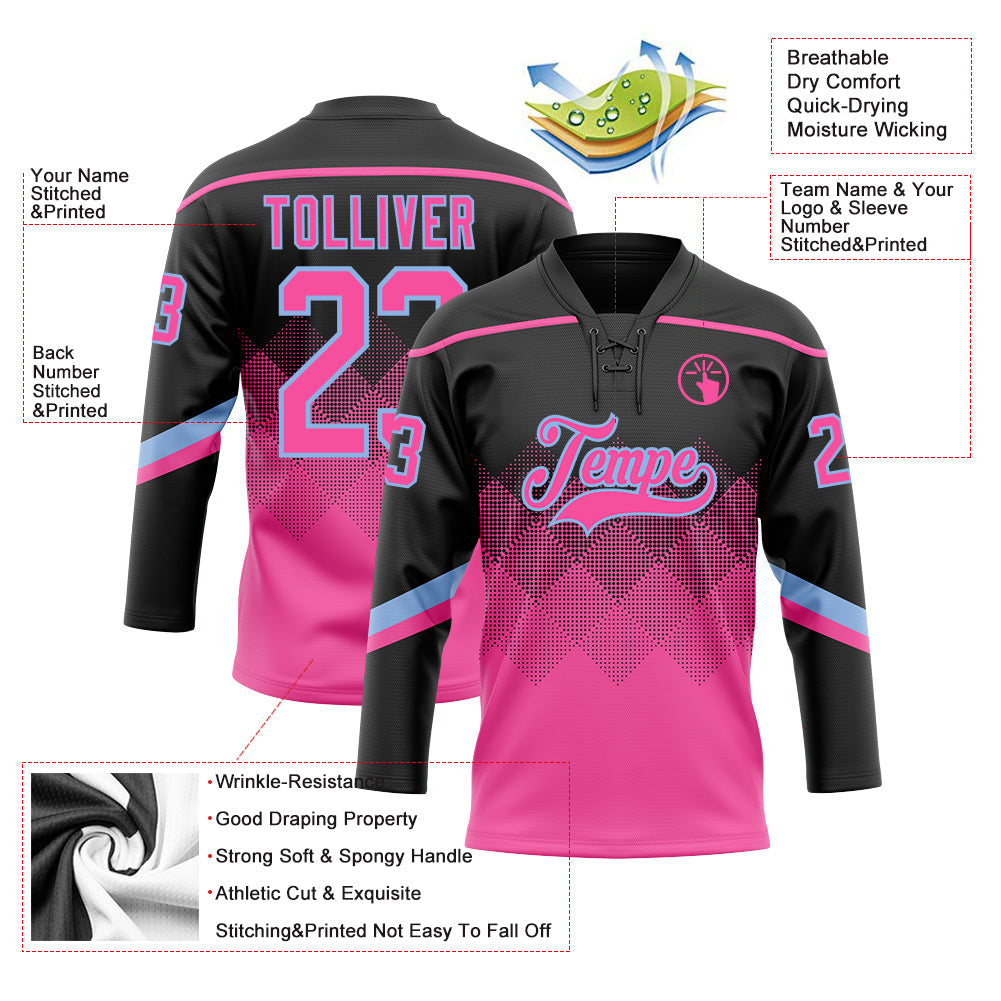 Custom Black Pink-Light Blue 3D Pattern Gradient Square Shapes Hockey Lace Neck Jersey