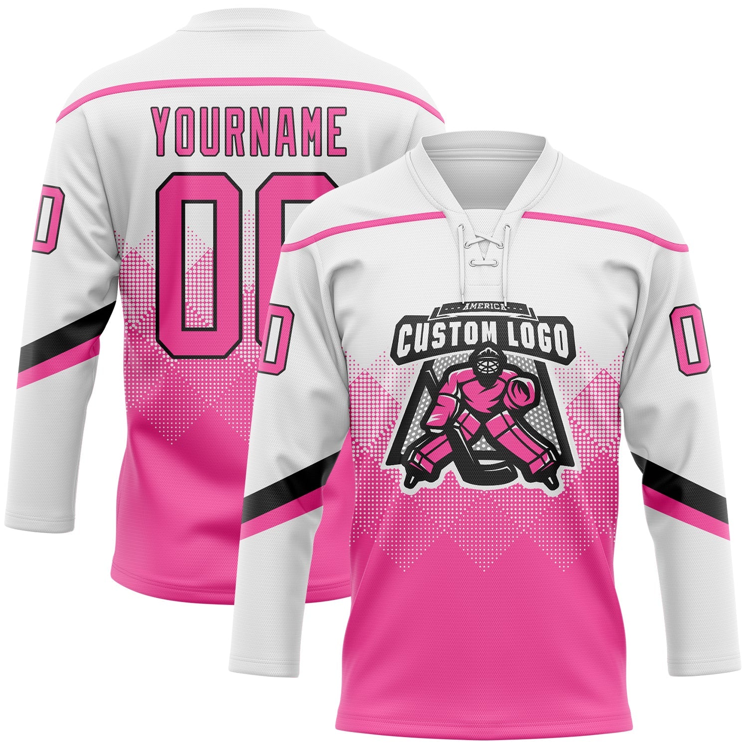 Custom Black Pink-Black 3D Pattern Gradient Square Shapes Hockey Lace Neck Jersey