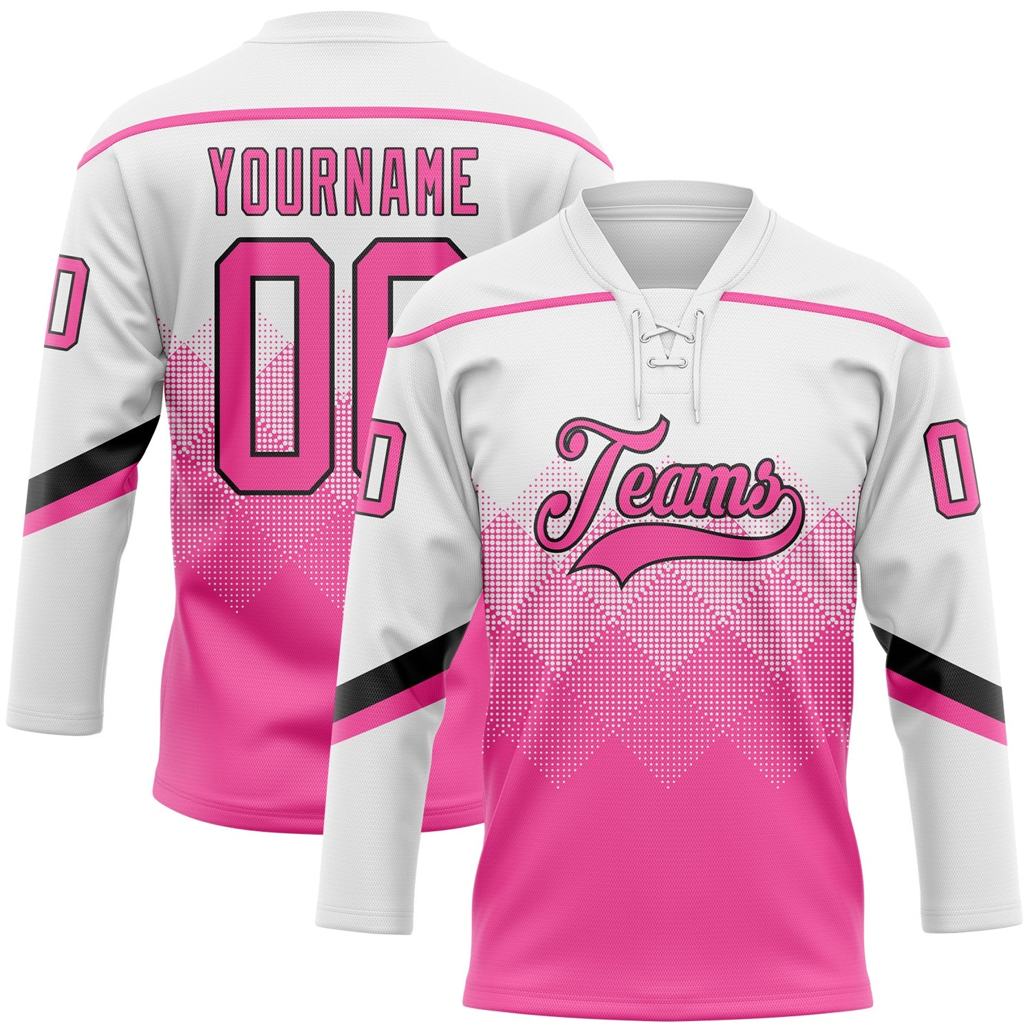 Custom Black Pink-Black 3D Pattern Gradient Square Shapes Hockey Lace Neck Jersey