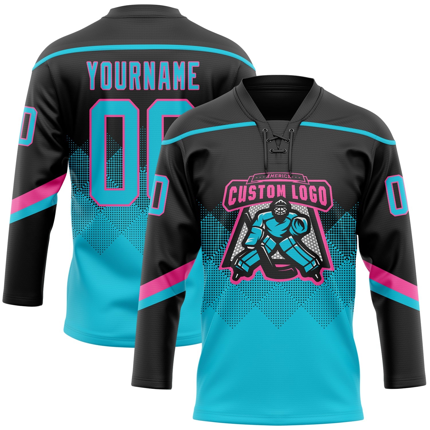 Custom Black Lakes Blue-Pink 3D Pattern Gradient Square Shapes Hockey Lace Neck Jersey