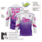 Custom White Pink-Purple 3D Pattern Gradient Square Shapes Hockey Lace Neck Jersey