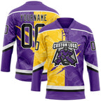 Custom Purple Black Yellow-White 3D Pattern Gradient Fashion Scratch Hockey Lace Neck Jersey