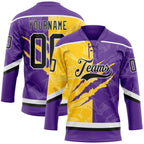 Custom Purple Black Yellow-White 3D Pattern Gradient Fashion Scratch Hockey Lace Neck Jersey