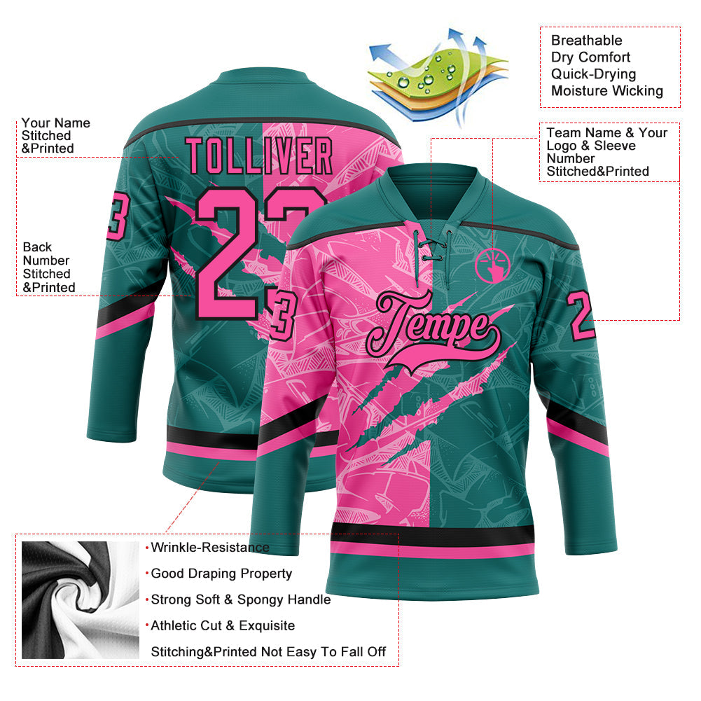 Custom Teal Pink-Black 3D Pattern Gradient Fashion Scratch Hockey Lace Neck Jersey