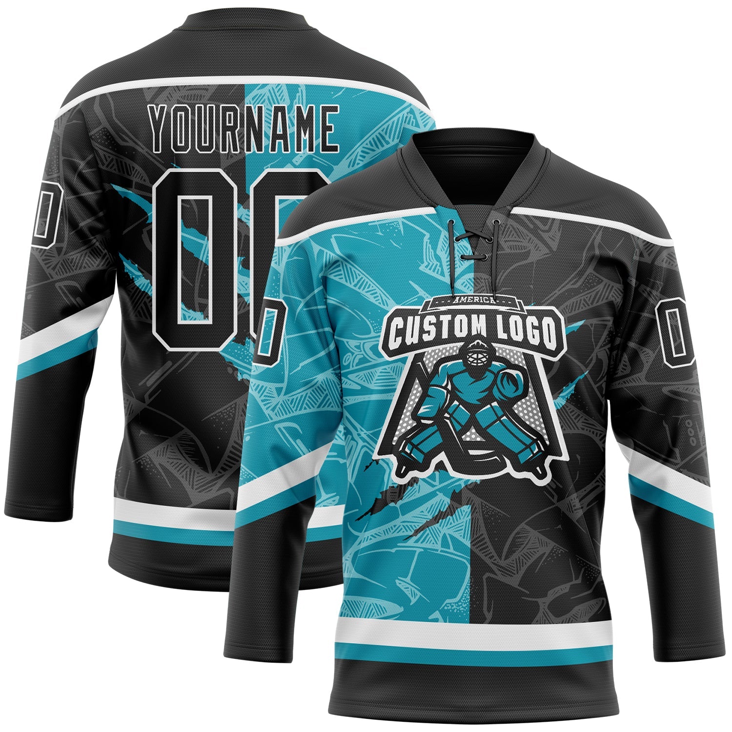 Custom Black Teal-White 3D Pattern Gradient Fashion Scratch Hockey Lace Neck Jersey