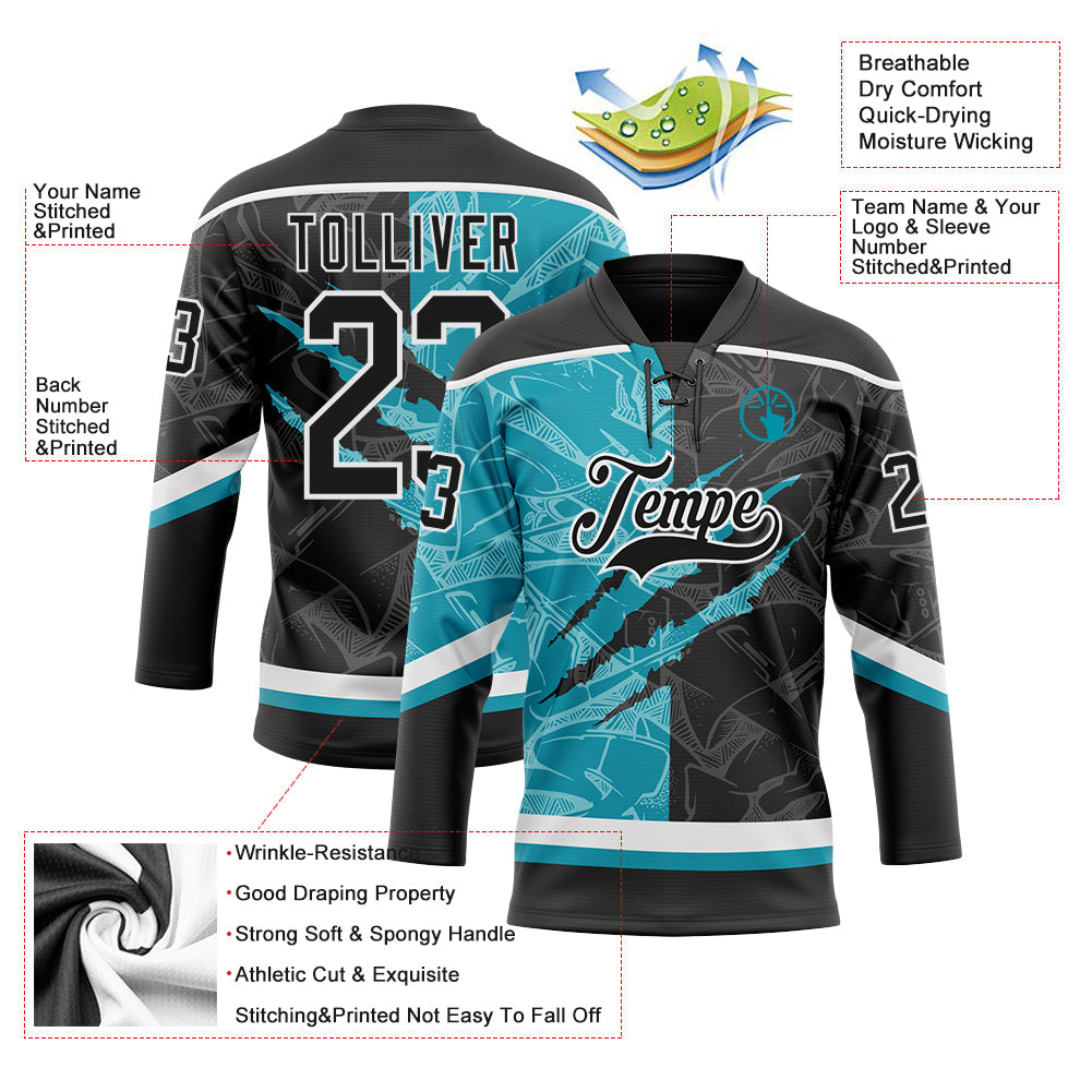 Custom Black Teal-White 3D Pattern Gradient Fashion Scratch Hockey Lace Neck Jersey