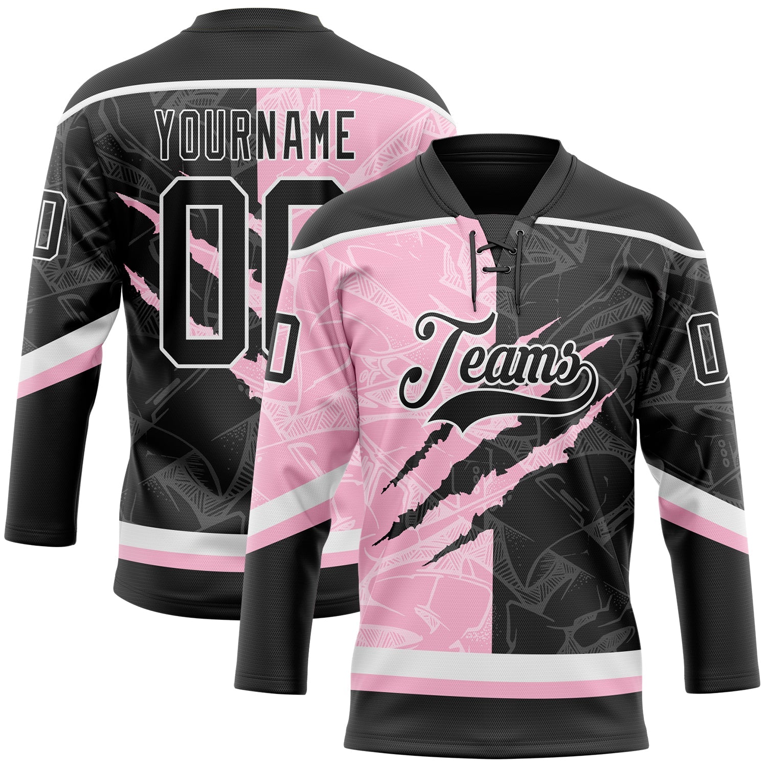 Custom Black Light Pink-White 3D Pattern Gradient Fashion Scratch Hockey Lace Neck Jersey