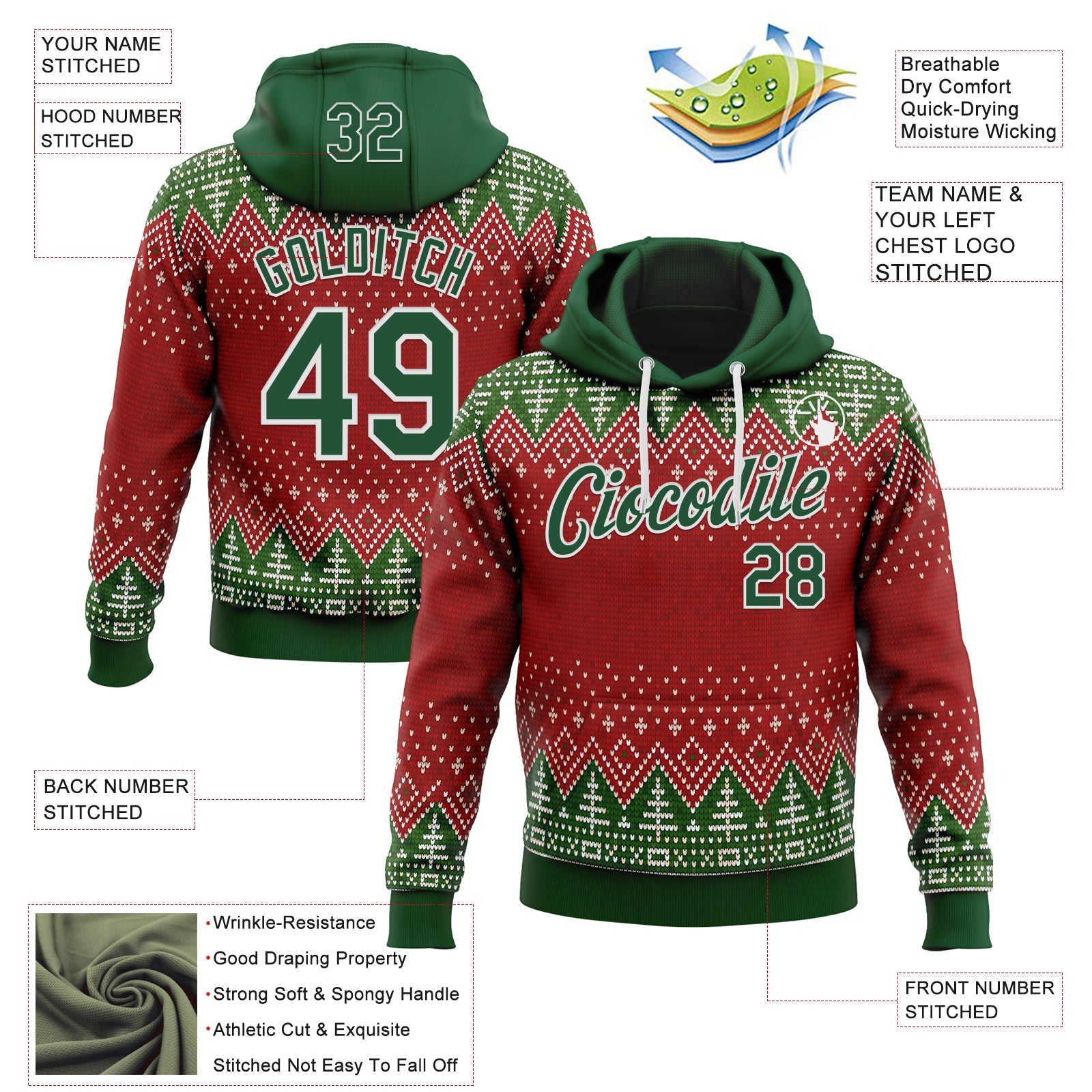 Custom Stitched Red Green-White 3D Christmas Ugly Sweater Sports Pullover Sweatshirt Hoodie