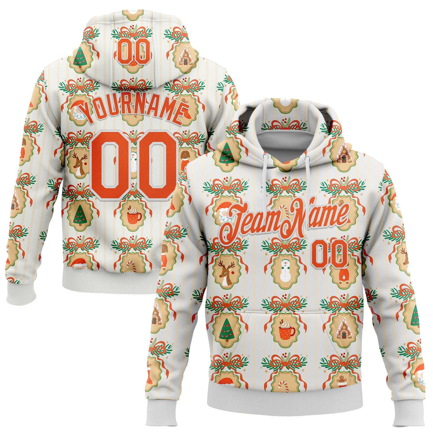 Custom Stitched White Orange-White 3D Christmas Sports Pullover Sweatshirt Hoodie