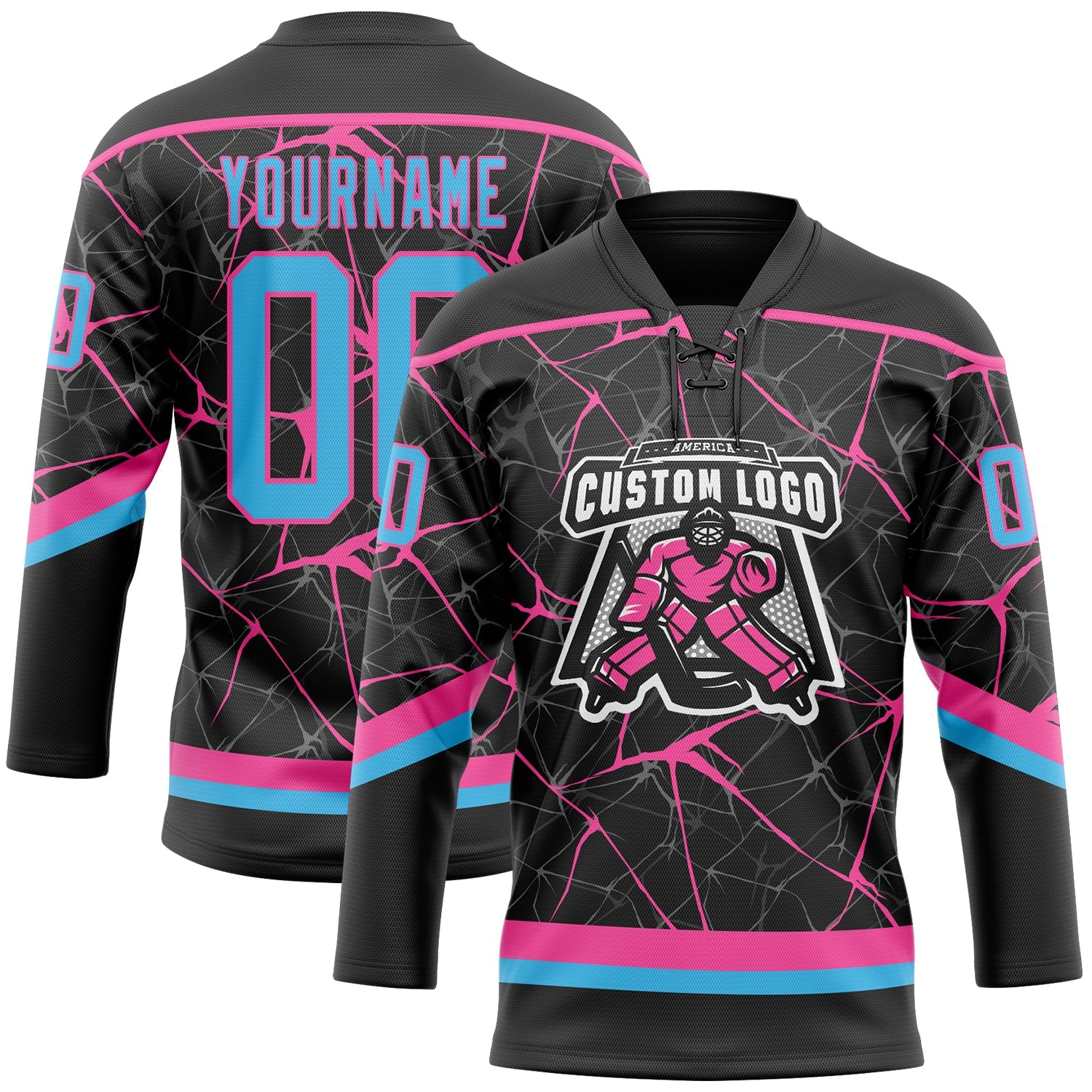 Custom Black Sky Blue-Pink 3D Pattern Abstract Network Hockey Lace Neck Jersey