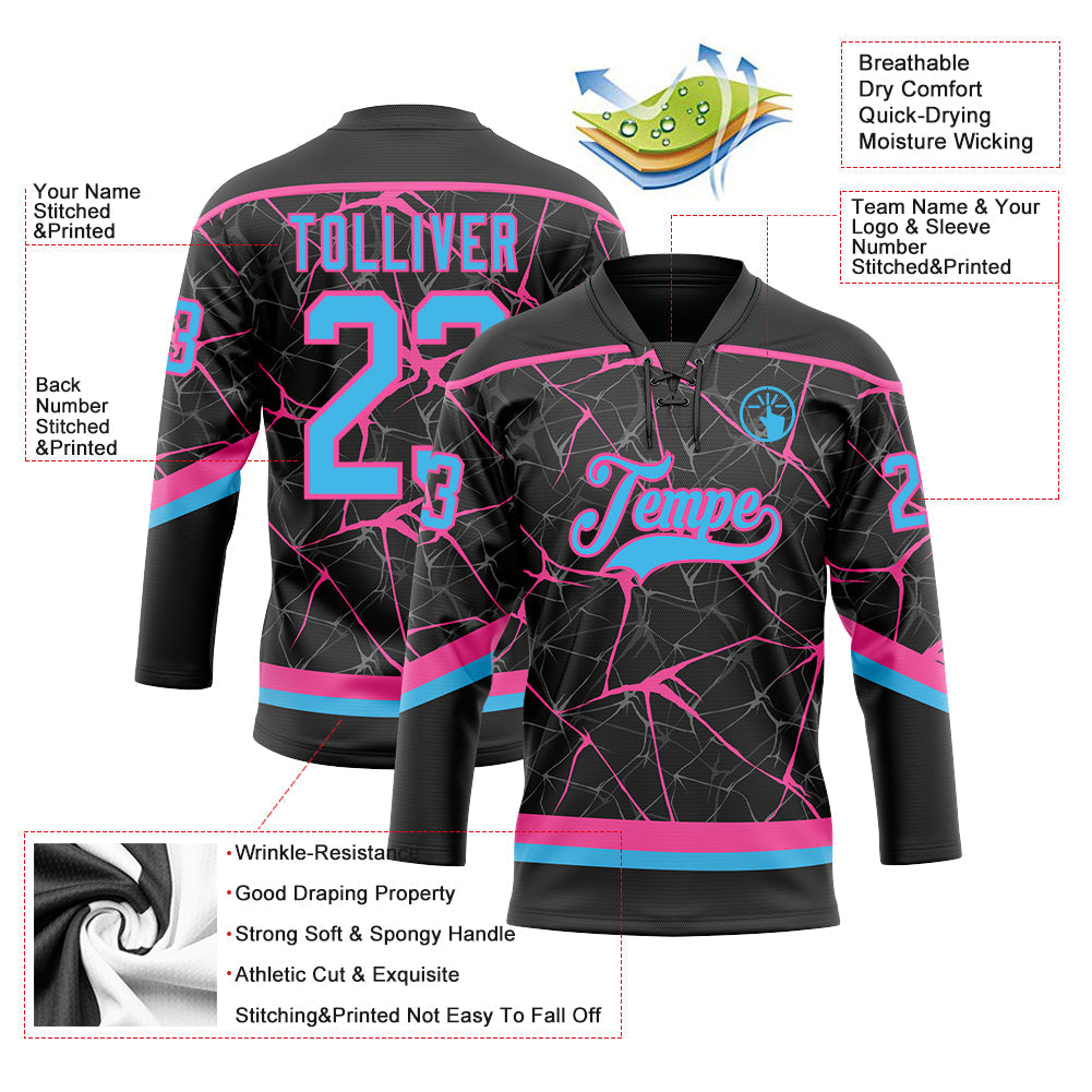 Custom Black Sky Blue-Pink 3D Pattern Abstract Network Hockey Lace Neck Jersey
