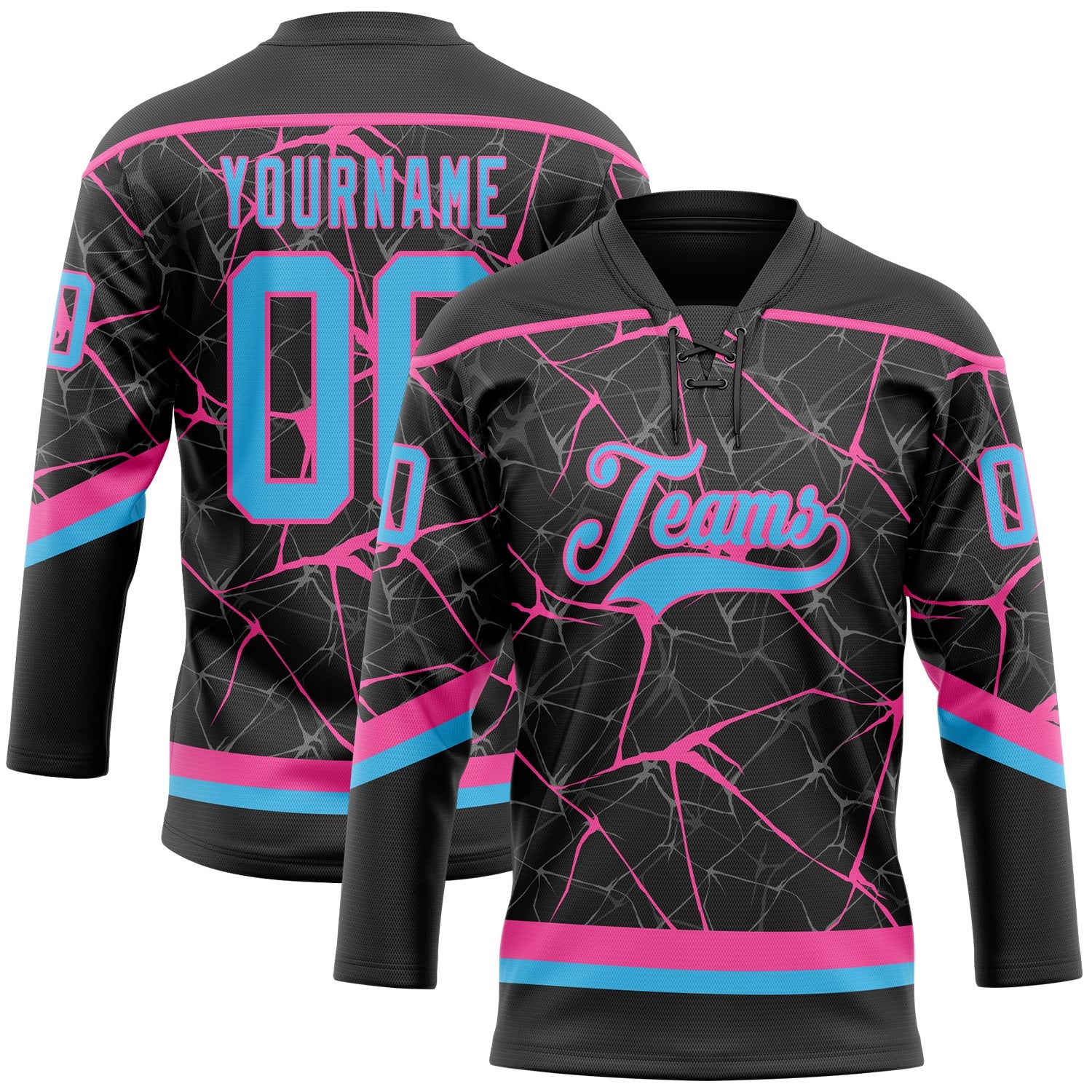 Custom Black Sky Blue-Pink 3D Pattern Abstract Network Hockey Lace Neck Jersey