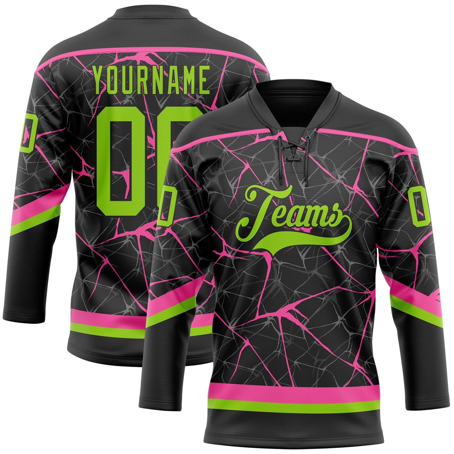 Custom Black Neon Green-Pink 3D Pattern Abstract Network Hockey Lace Neck Jersey