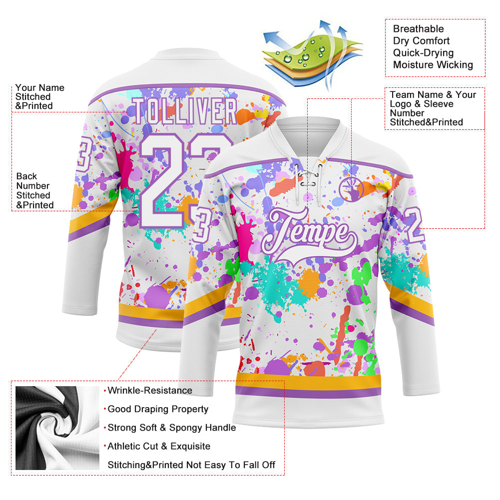 Custom Graffiti Pattern White Medium Purple-Gold 3D Splash Art Hockey Lace Neck Jersey