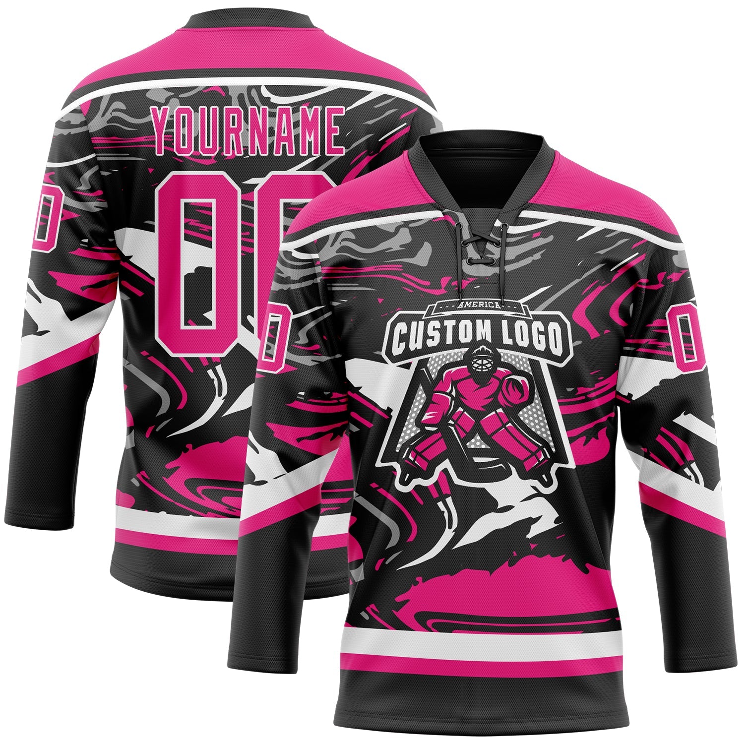 Custom Figure Hot Pink Black-White 3D Pattern Fluid Art Hockey Lace Neck Jersey