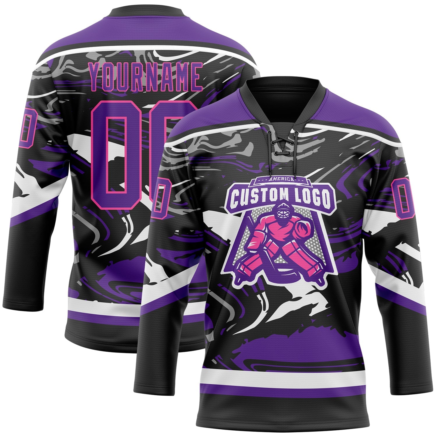 Custom Figure Purple Black Pink-White 3D Pattern Fluid Art Hockey Lace Neck Jersey