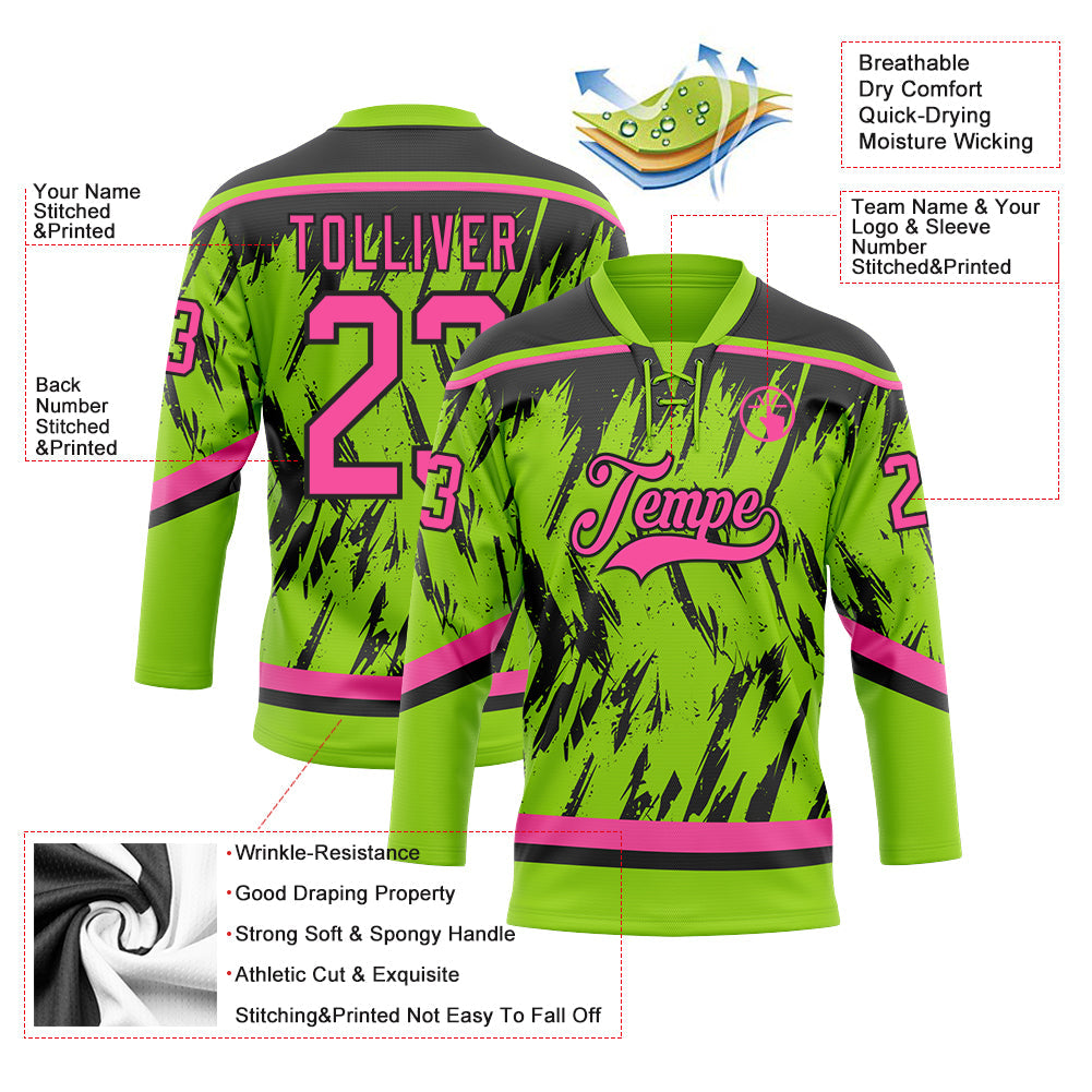 Custom Neon Green Pink-Black 3D Pattern Splash Art Hockey Lace Neck Jersey