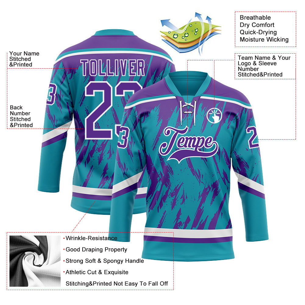 Custom Teal Purple-White 3D Pattern Splash Art Hockey Lace Neck Jersey