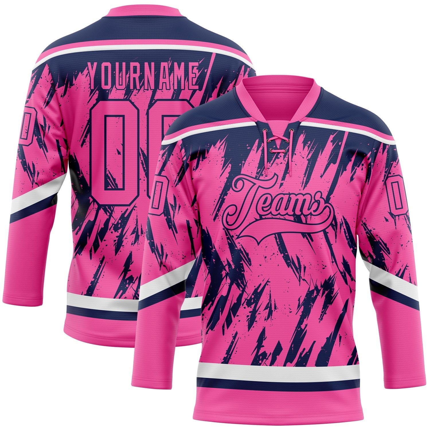Custom Pink Navy-White 3D Pattern Splash Art Hockey Lace Neck Jersey