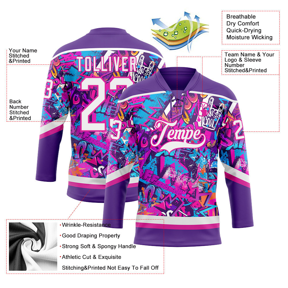 Custom Graffiti Pattern White Purple-Deep Pink 3D Pattern Scratch Hockey Lace Neck Jersey