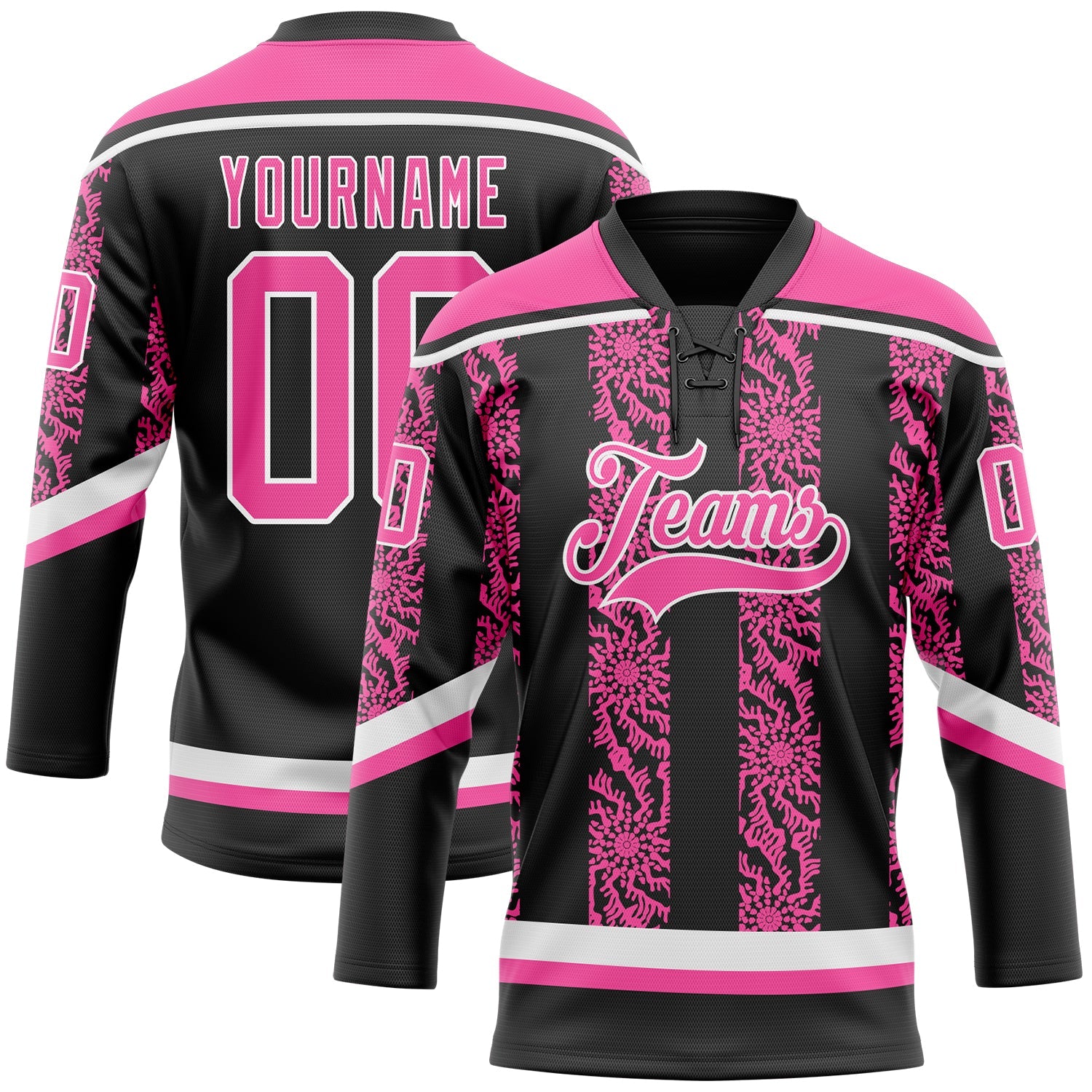 Custom Black Pink-White 3D Pattern Abstract Shape Hockey Lace Neck Jersey