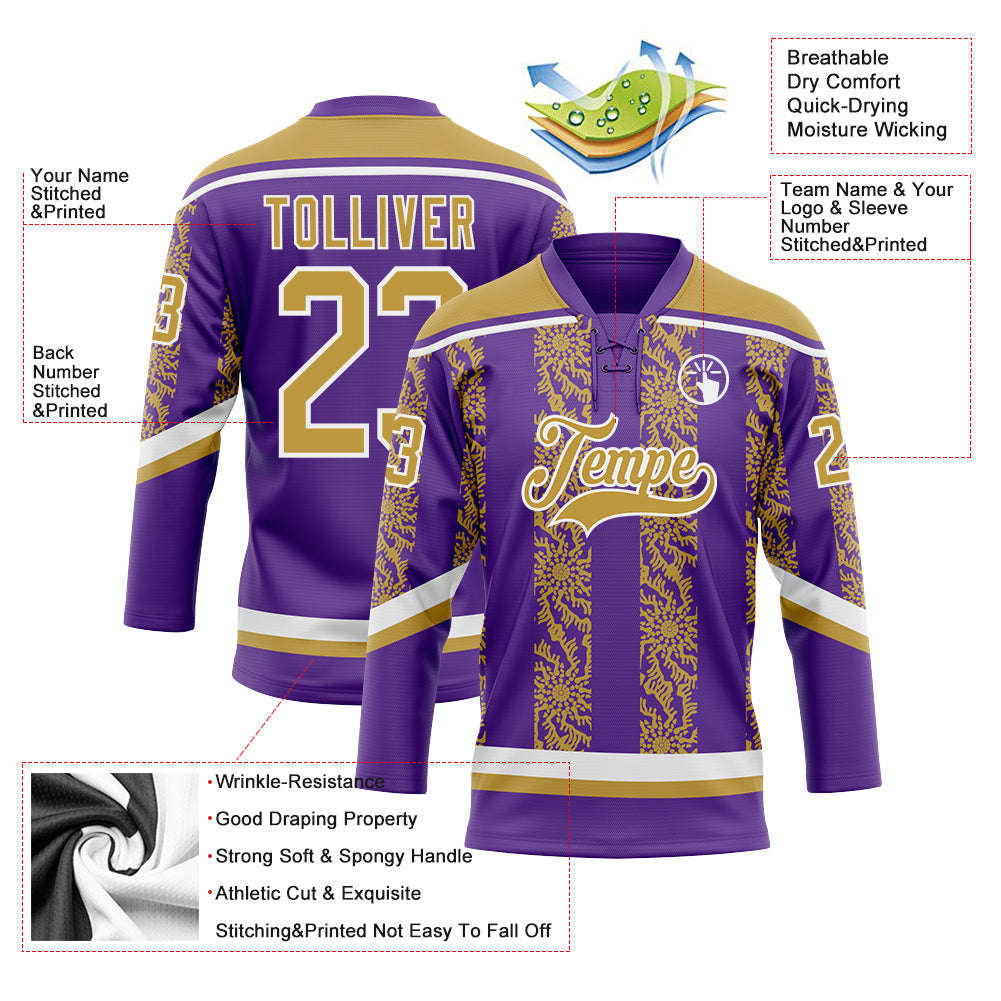 Custom Purple Old Gold-White 3D Pattern Abstract Shape Hockey Lace Neck Jersey