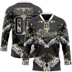 Custom Black Vegas Gold-White 3D Pattern Abstract Grunge Hockey Lace Neck Jersey