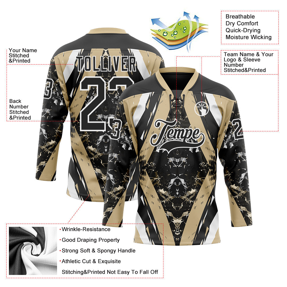 Custom Black Vegas Gold-White 3D Pattern Abstract Grunge Hockey Lace Neck Jersey