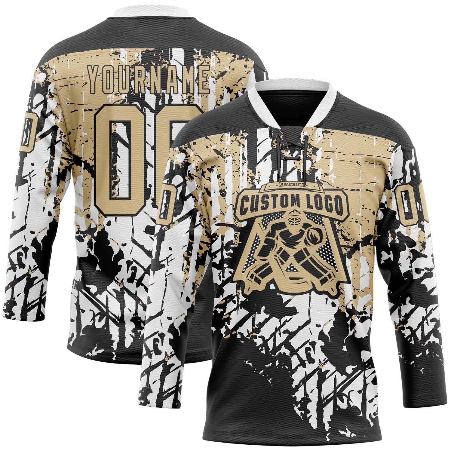 Custom Black Vegas Gold-White 3D Pattern Abstract Grunge Hockey Lace Neck Jersey